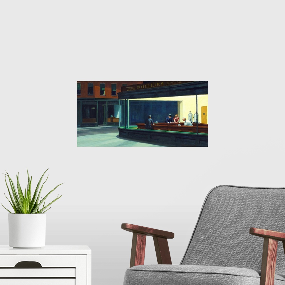A modern room featuring Painting of a view from outside of two men and a woman sitting inside at a diner bar drinking cof...