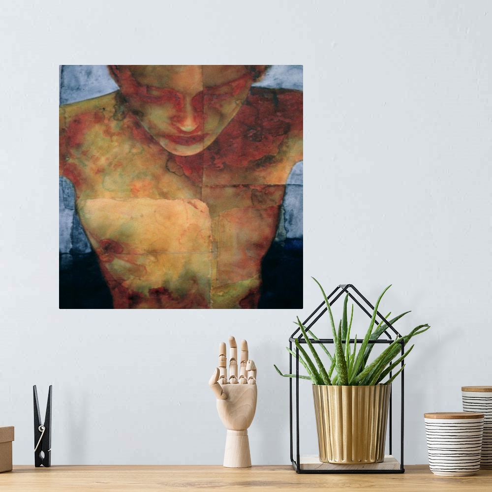A bohemian room featuring Contemporary watercolor male portrait.