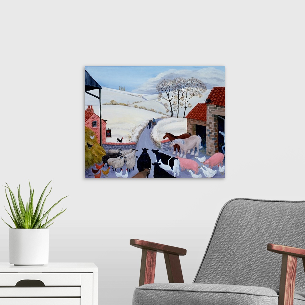 A modern room featuring Contemporary painting of farm animals gathered outdoors.