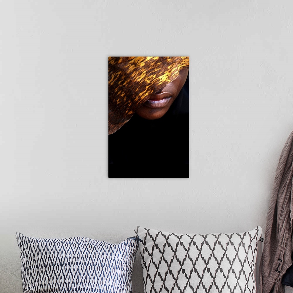 A bohemian room featuring A contemporary fine art photograph of the lower part of a woman's face, the rest of which is hidd...