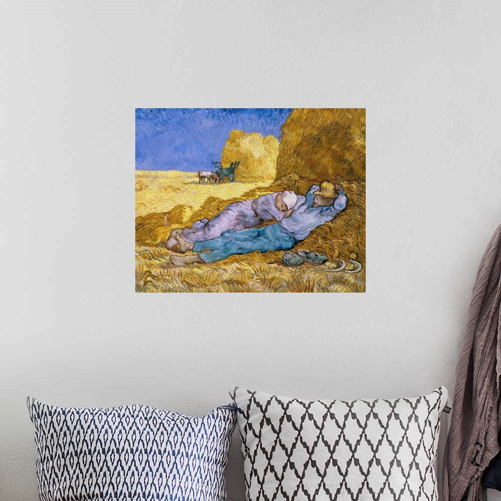A bohemian room featuring Painting by Vincent Van Gogh of workers taking a nap in hay.