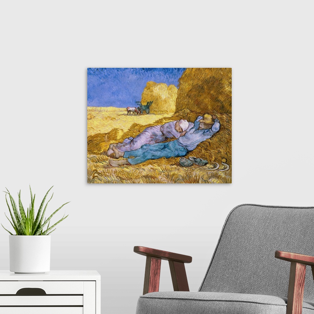 A modern room featuring Painting by Vincent Van Gogh of workers taking a nap in hay.