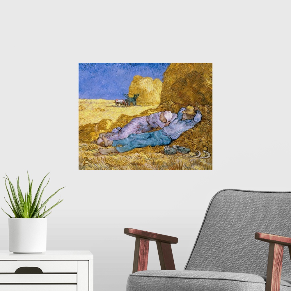 A modern room featuring Painting by Vincent Van Gogh of workers taking a nap in hay.