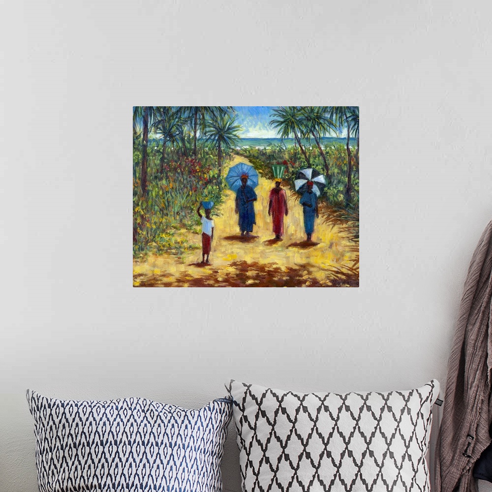 A bohemian room featuring Large contemporary painting of four African figures walking on a sandy path in the tropics.