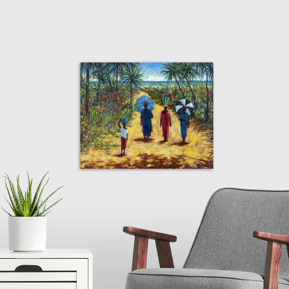 A modern room featuring Large contemporary painting of four African figures walking on a sandy path in the tropics.