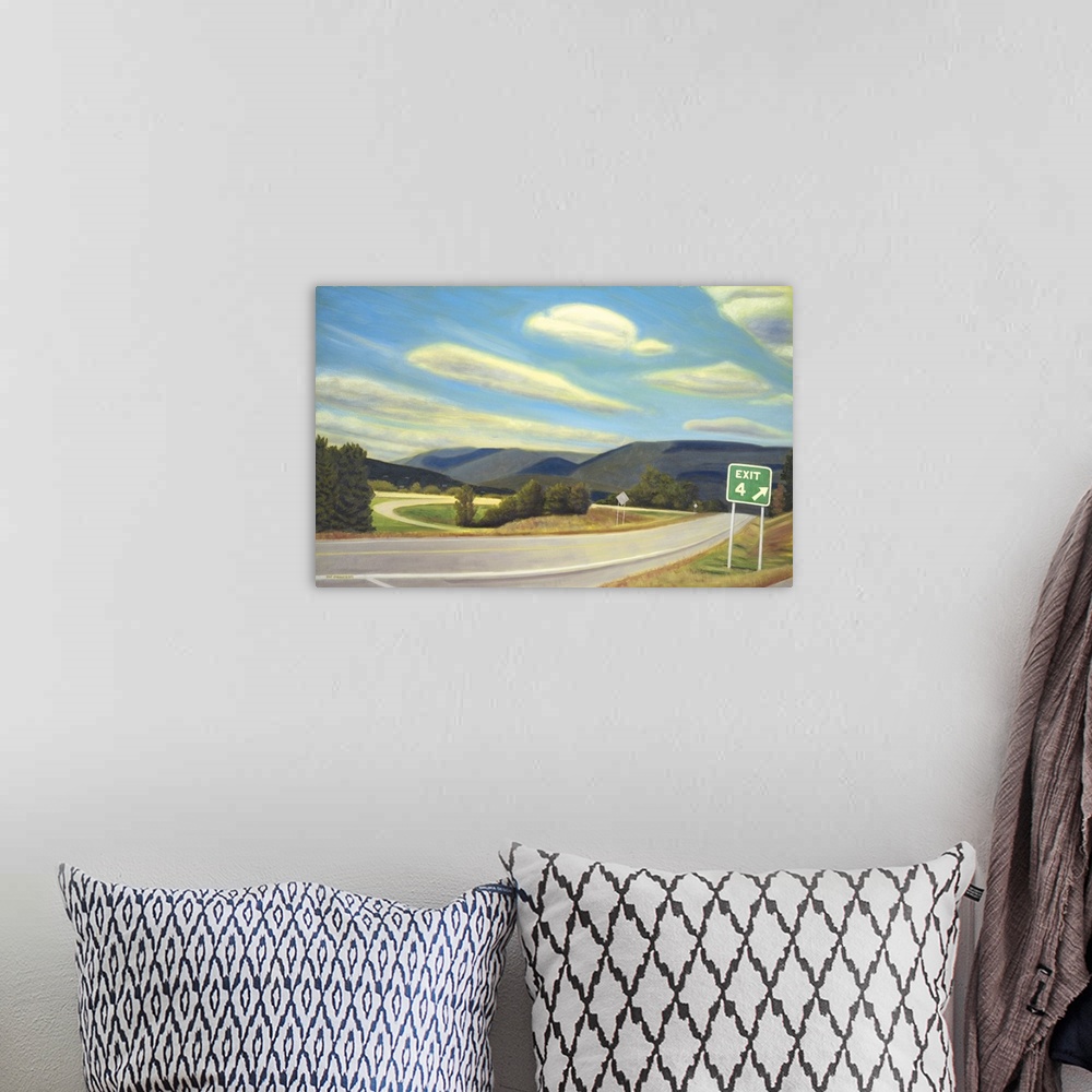A bohemian room featuring Contemporary painting of a highway with an exit sign in the New England countryside.