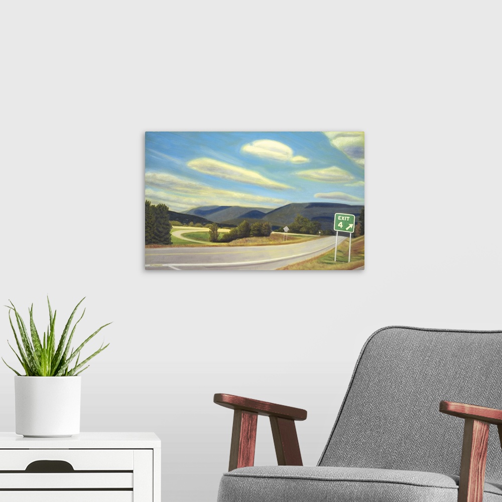 A modern room featuring Contemporary painting of a highway with an exit sign in the New England countryside.