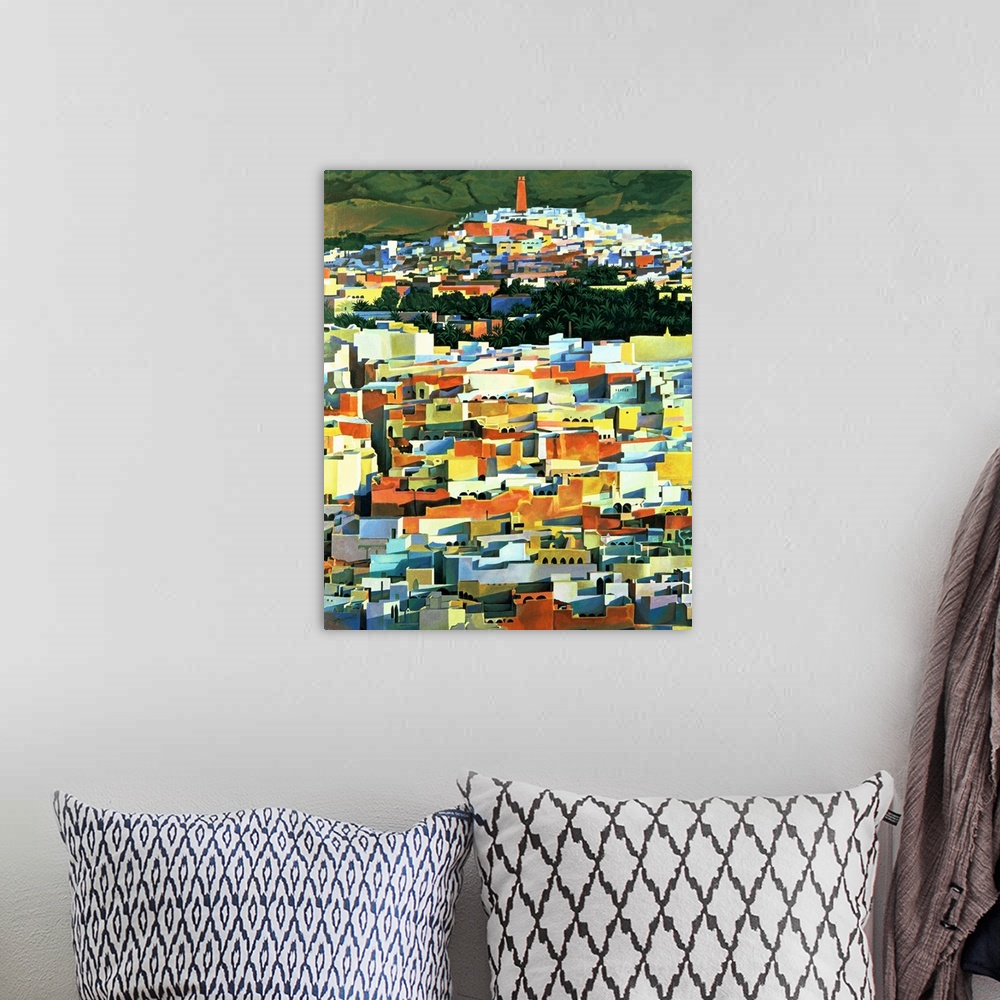 A bohemian room featuring Portrait, oversized contemporary painting of many colorful buildings packed together in a North A...