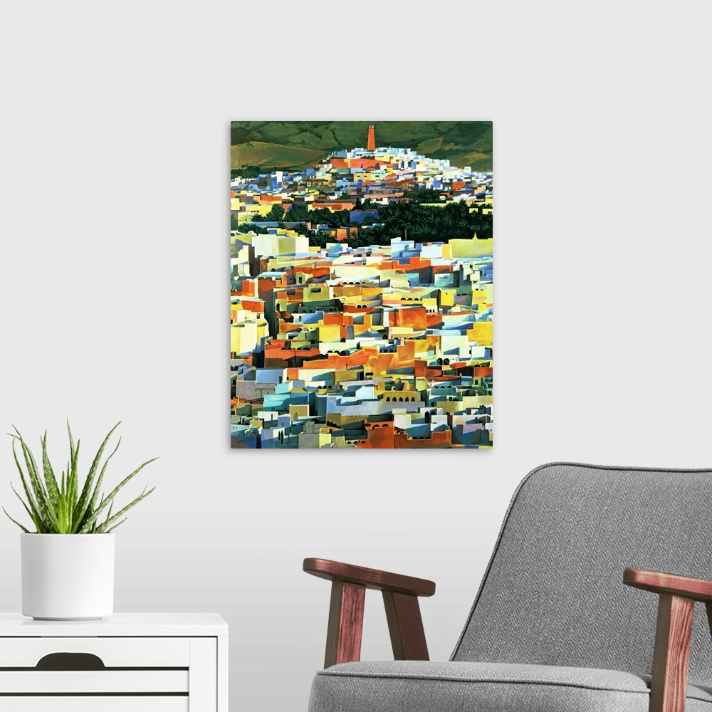 A modern room featuring Portrait, oversized contemporary painting of many colorful buildings packed together in a North A...