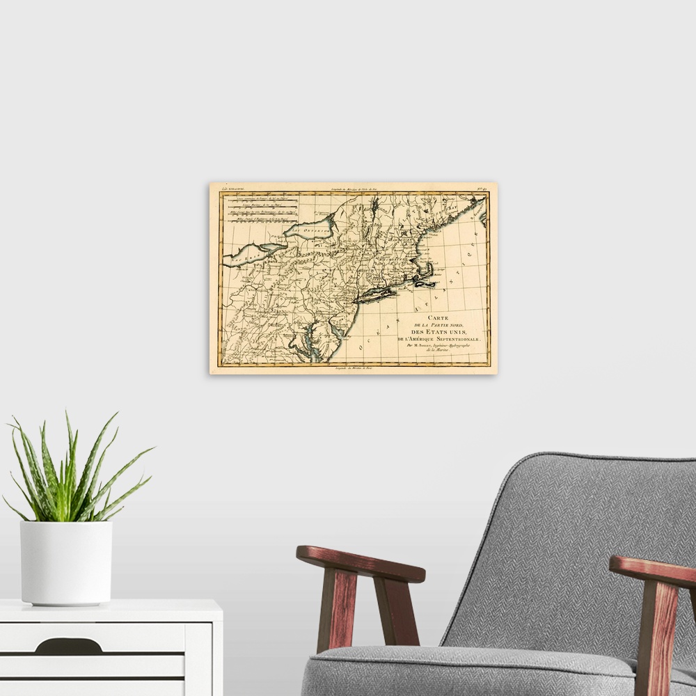 A modern room featuring Map of the northern united states of North America circa.1760. From .Atlas de Toutes Les Parties ...