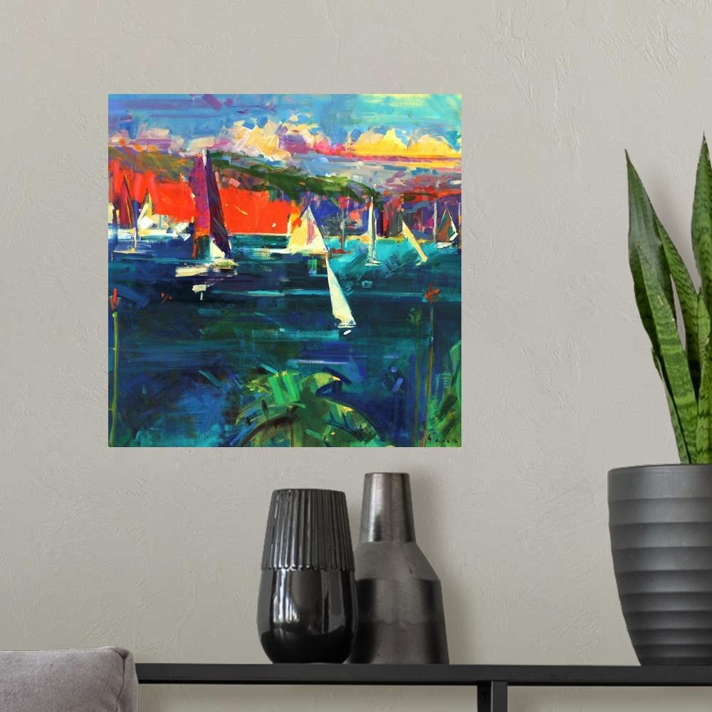 A modern room featuring North Head, Sydney Harbour, 2012, originally oil on canvas.