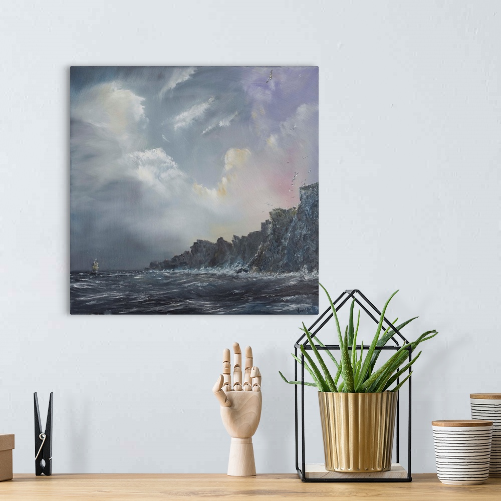 A bohemian room featuring Contemporary painting of a ship out to sea near cliffs of a coast.