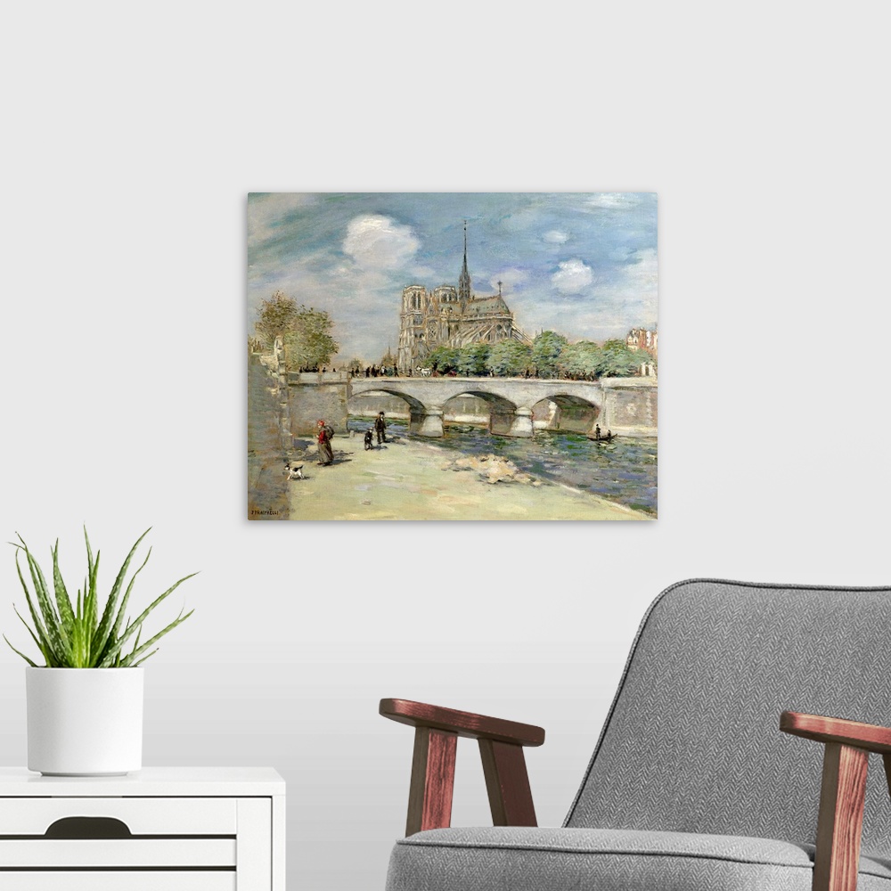 A modern room featuring Oil painting of bridge with huge church in the background.