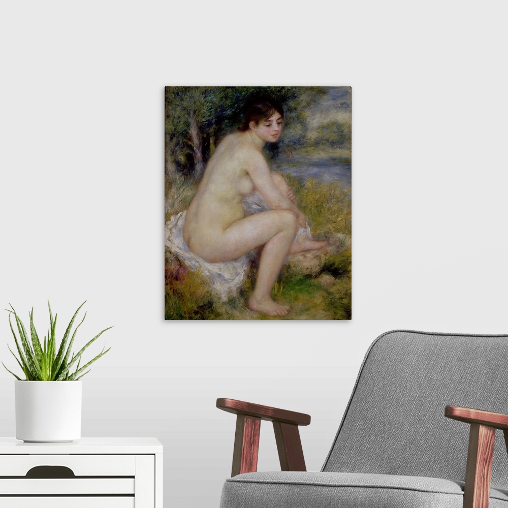 A modern room featuring XIR19114 Nude in a Landscape, 1883 (oil on canvas); by Renoir, Pierre Auguste (1841-1919); 65x52 ...