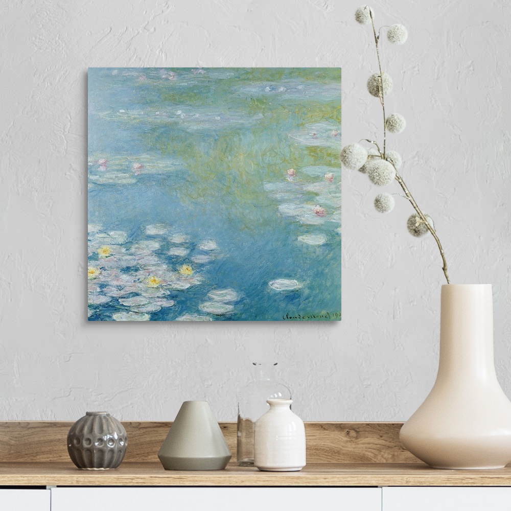 A farmhouse room featuring Oversized, square, classic wall painting in the Impressionist style, of a pond with swirling blue...
