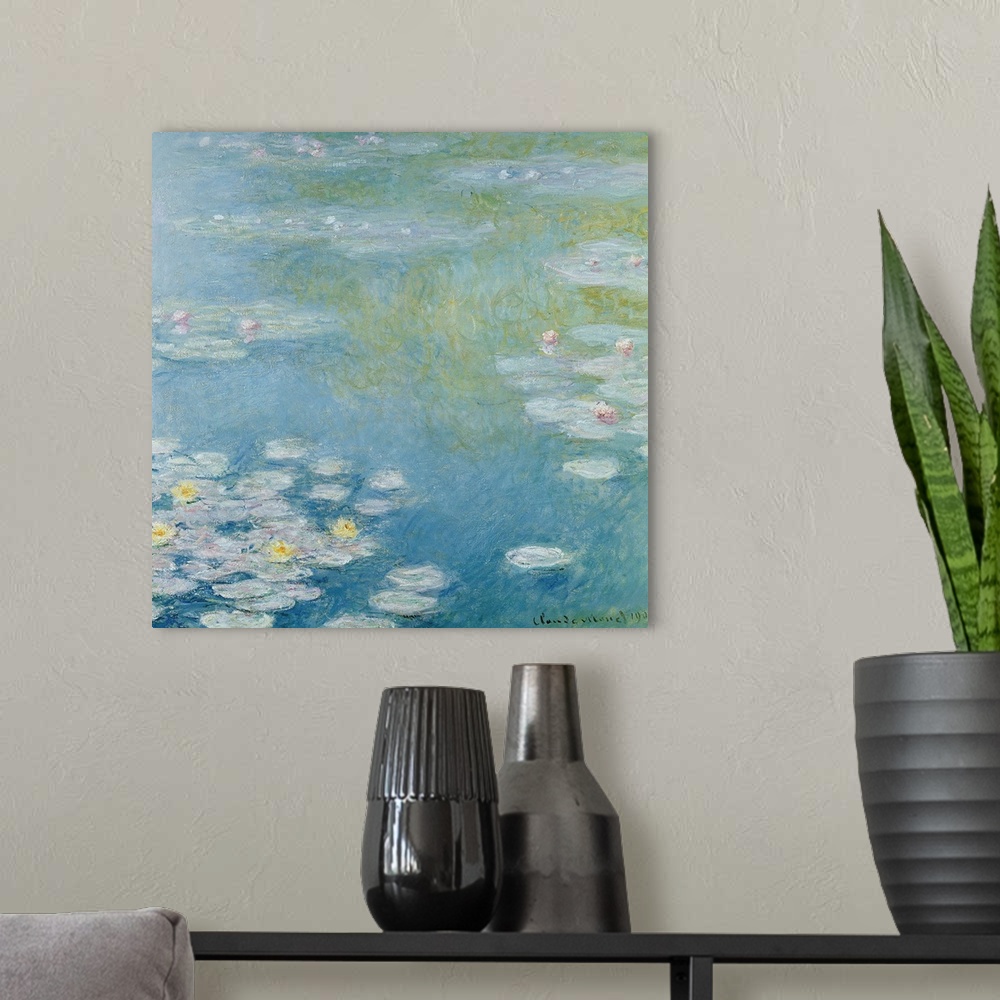 A modern room featuring Oversized, square, classic wall painting in the Impressionist style, of a pond with swirling blue...