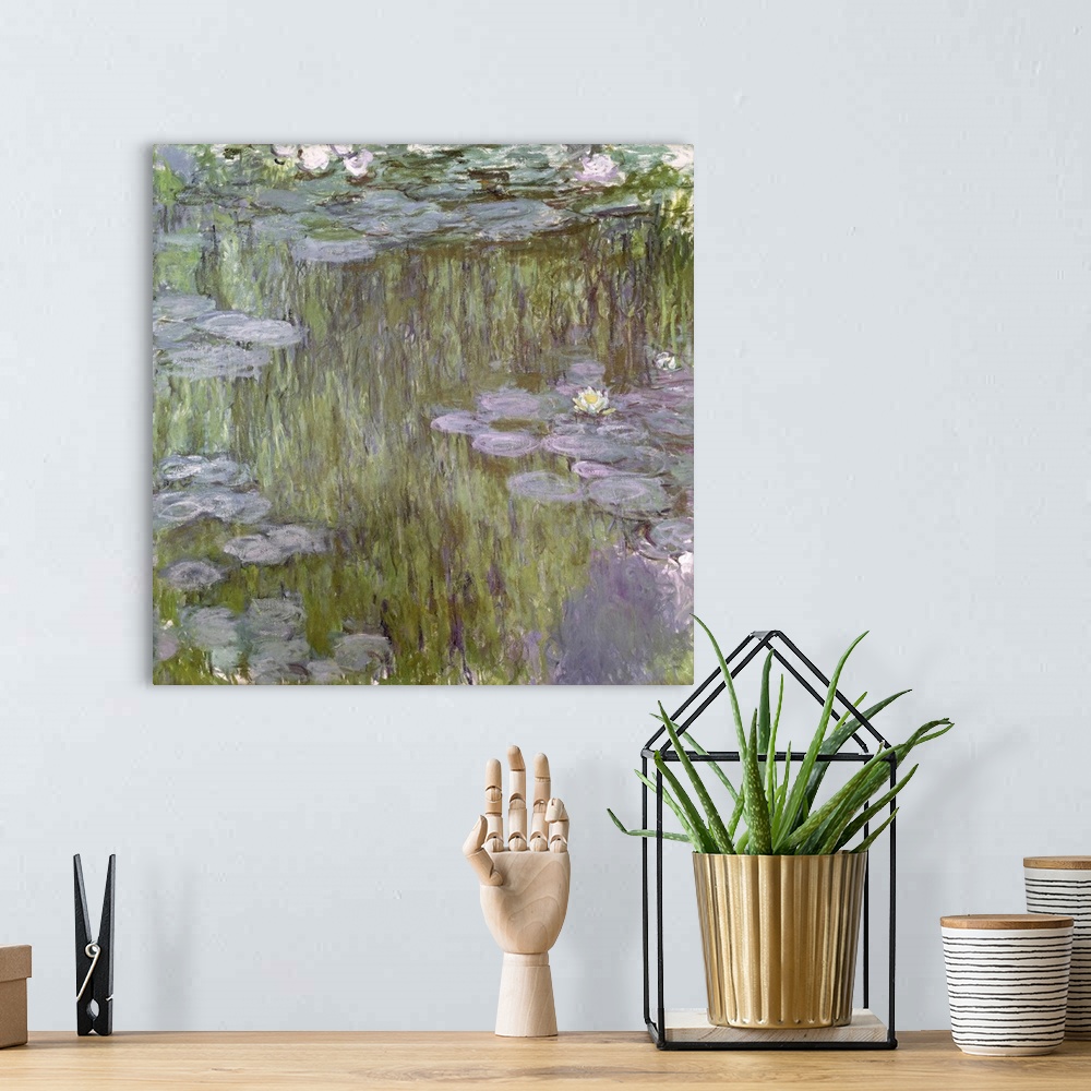 A bohemian room featuring This large painting consists of green and purple toned lily pads drawn over a gray and green swamp.