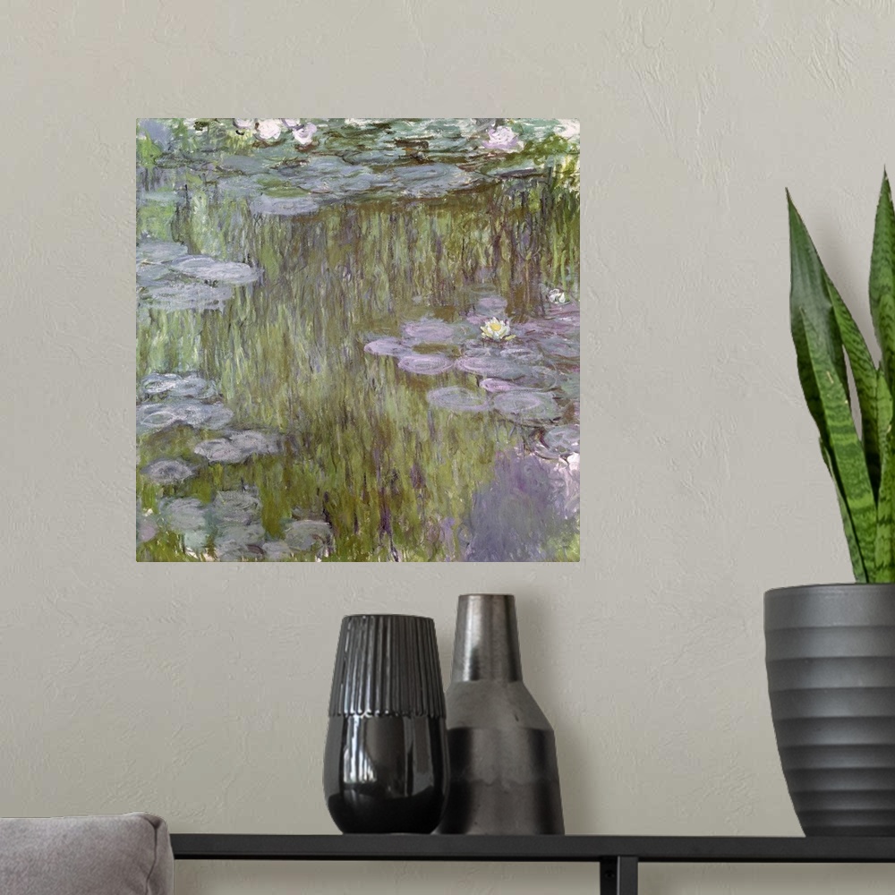 A modern room featuring This large painting consists of green and purple toned lily pads drawn over a gray and green swamp.