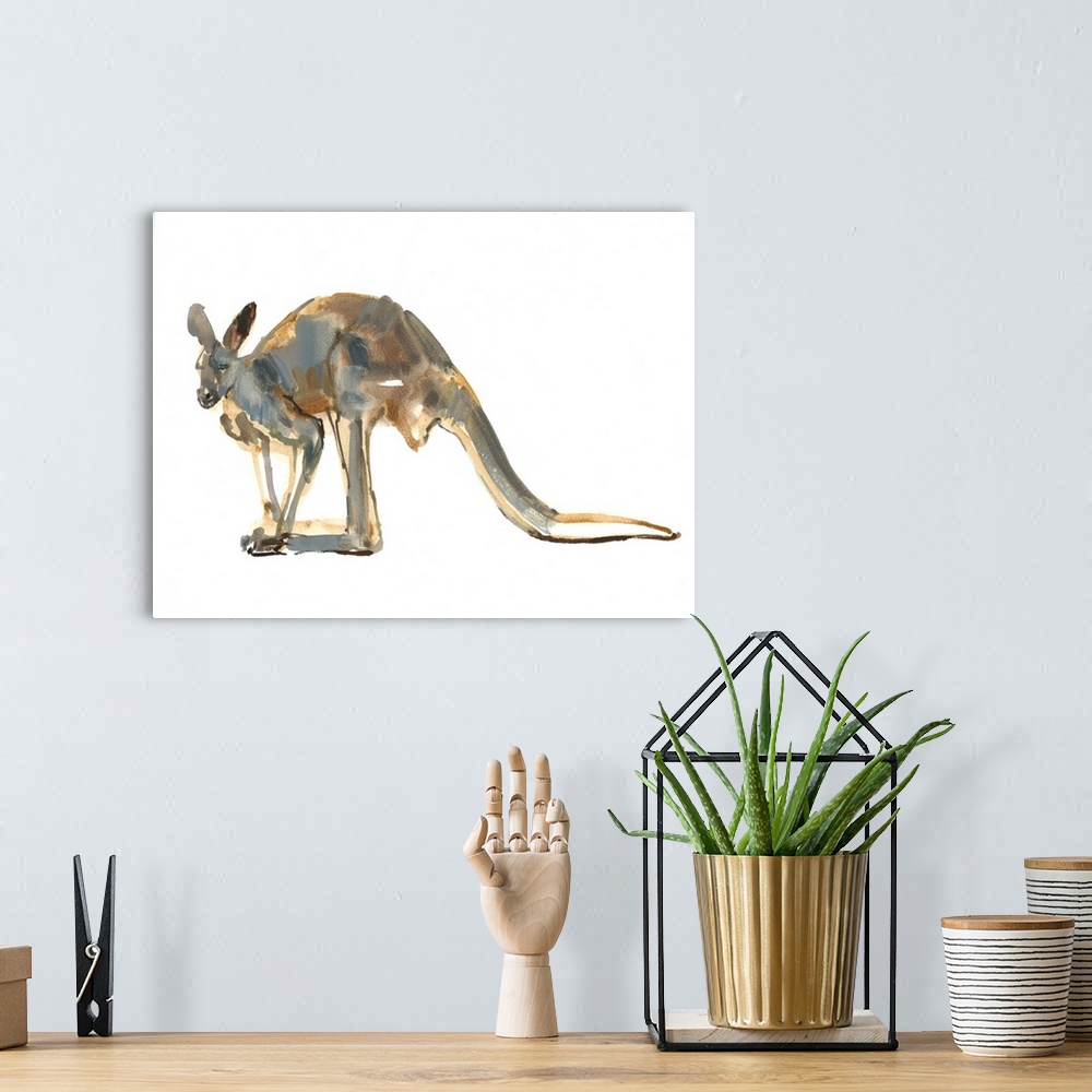 A bohemian room featuring Contemporary artwork of a kangaroo  against a white background.