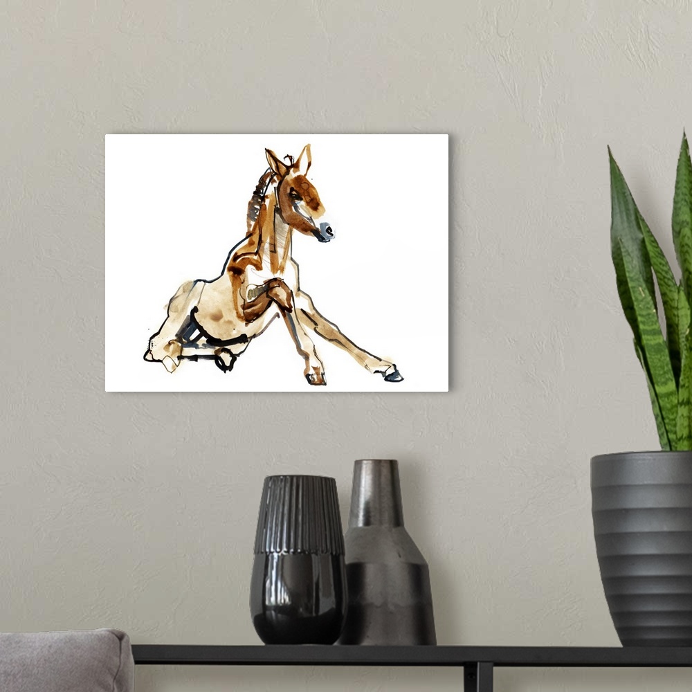 A modern room featuring Contemporary artwork of a young Mongolian Przewalski horse trying to stand for the first time aga...