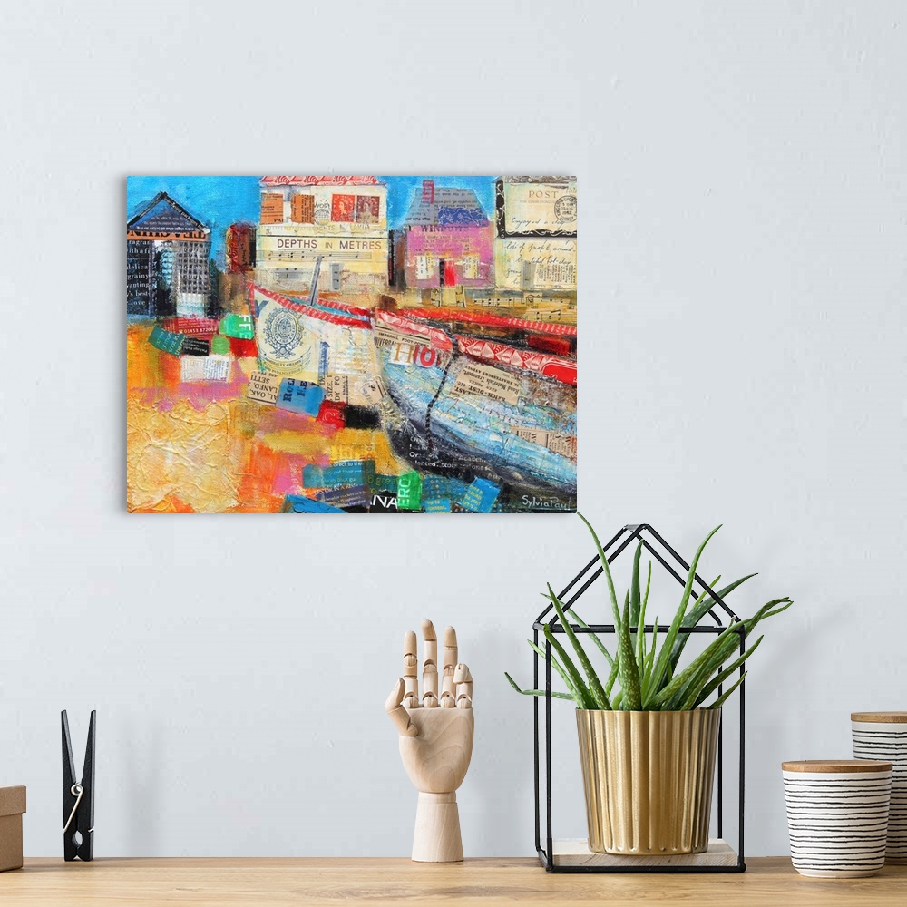 A bohemian room featuring Contemporary painting of fishing boats in a harbor.