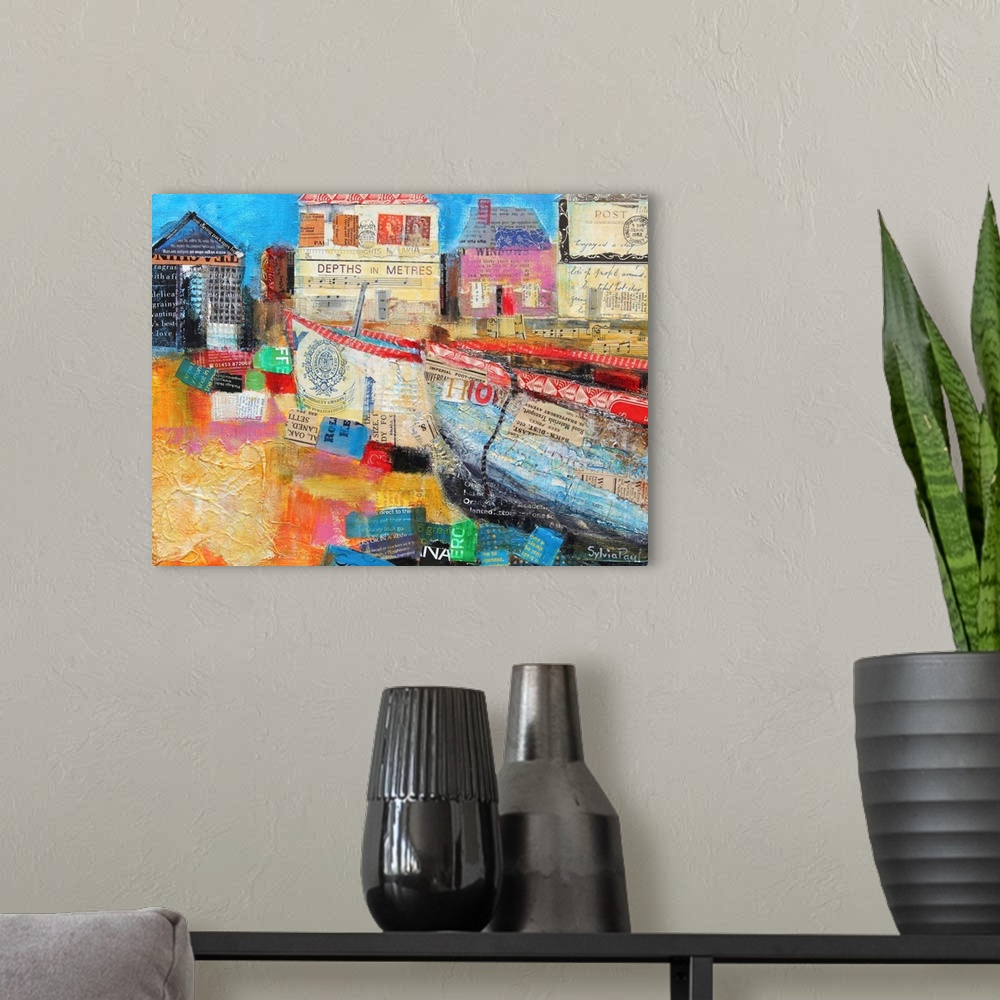 A modern room featuring Contemporary painting of fishing boats in a harbor.