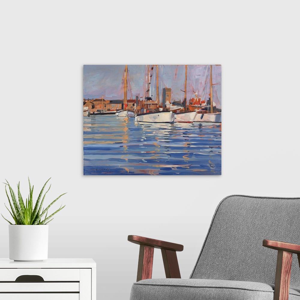 A modern room featuring Contemporary painting of fishing boats in a harbor.