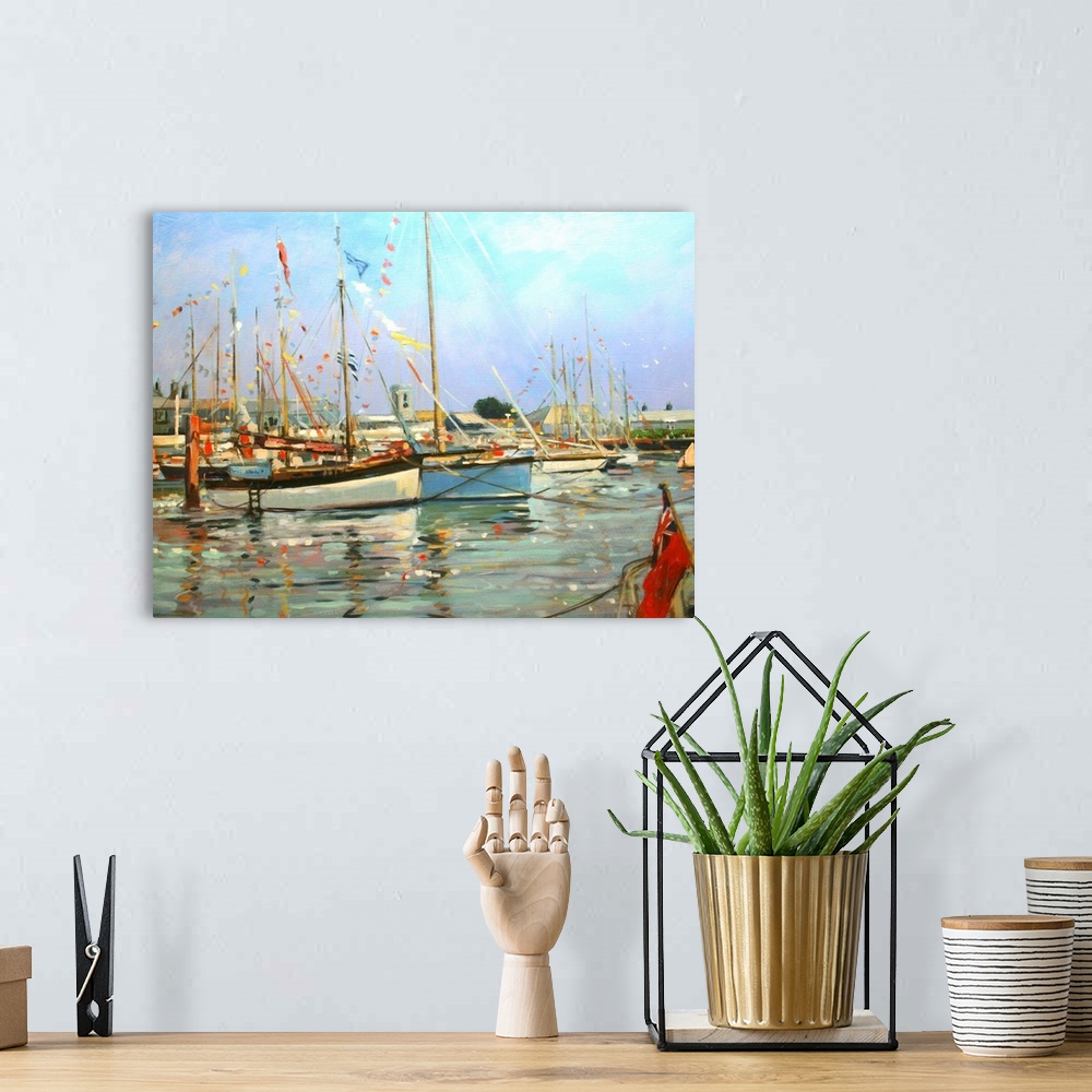 A bohemian room featuring Contemporary painting of a harbor filled with sailboats.