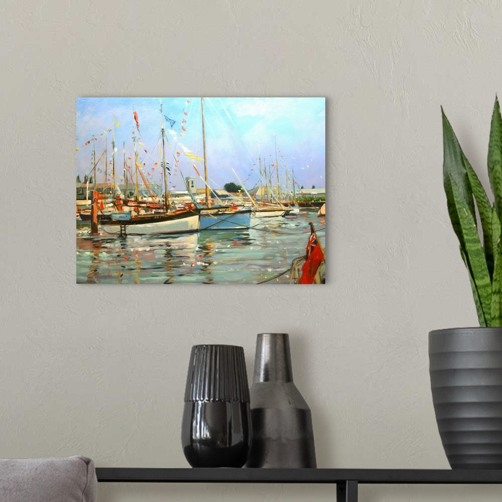 A modern room featuring Contemporary painting of a harbor filled with sailboats.