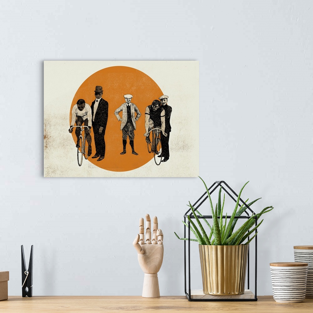 A bohemian room featuring Contemporary illustration of two cyclists ready to start off against a circular orange vignette.