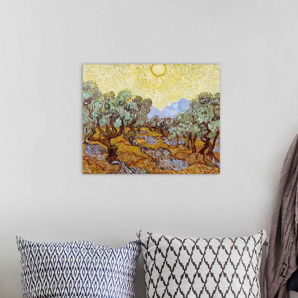 A bohemian room featuring Classical painting of an olive grove with trees in rows and the blazing sun creating shadows on t...
