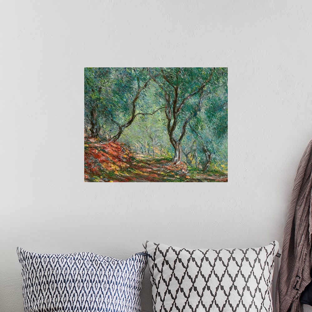 A bohemian room featuring Giant classic art depicts a colorful path traveling down a forest littered with trees as far as t...
