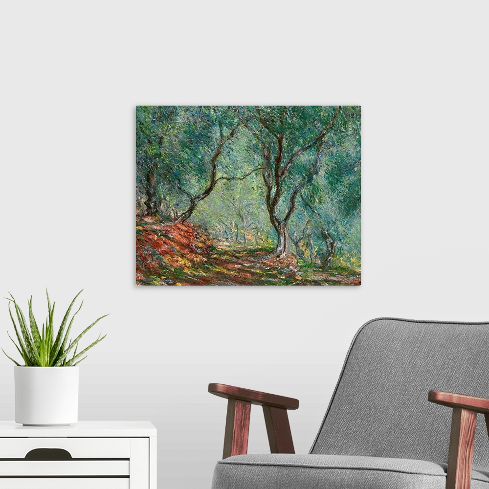 A modern room featuring Giant classic art depicts a colorful path traveling down a forest littered with trees as far as t...