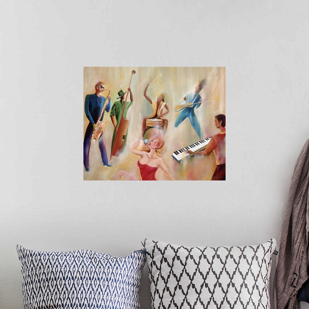 A bohemian room featuring This large contemporary artwork consists of five band members playing numerous instruments and a ...
