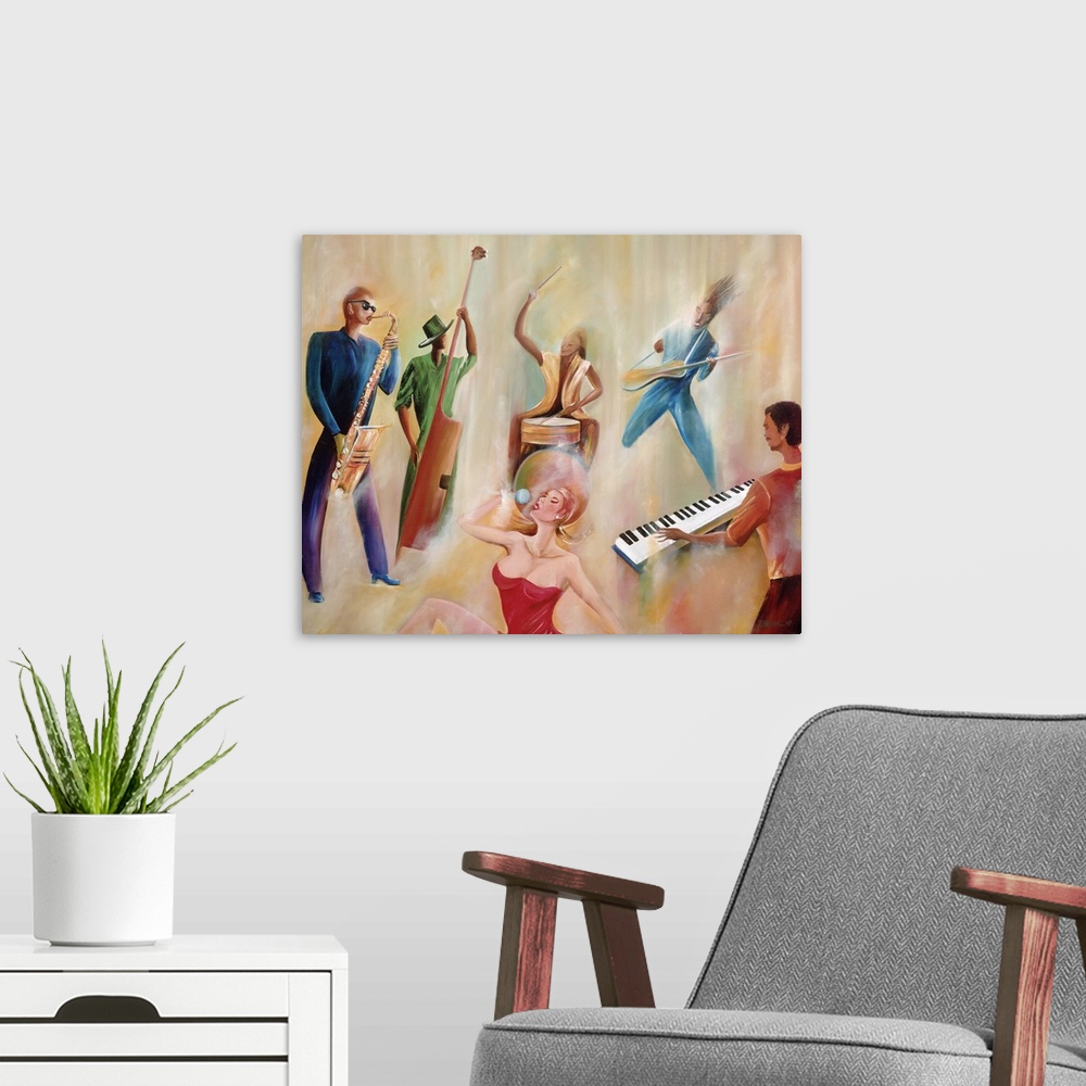 A modern room featuring This large contemporary artwork consists of five band members playing numerous instruments and a ...