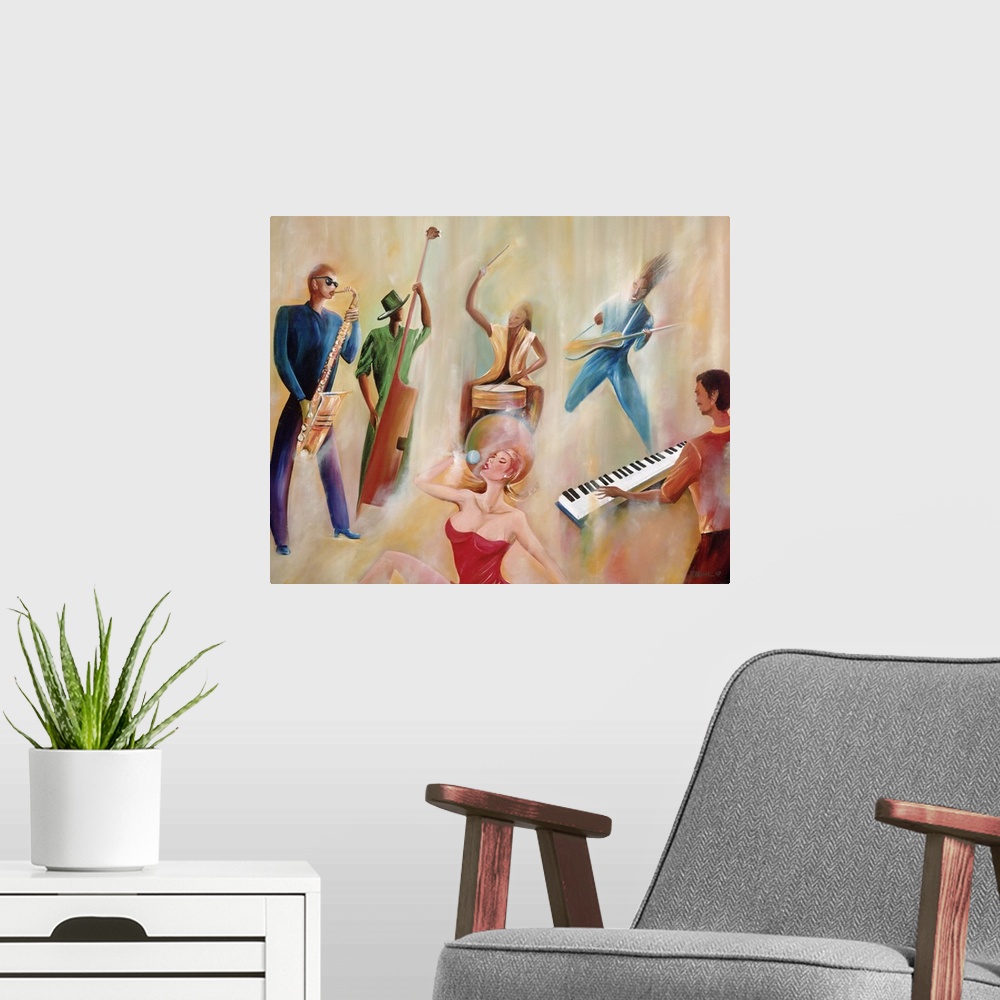 A modern room featuring This large contemporary artwork consists of five band members playing numerous instruments and a ...