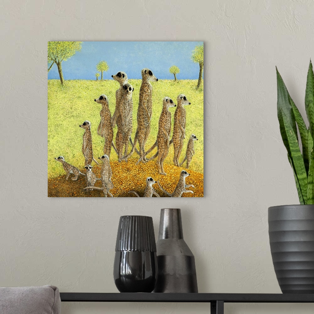 A modern room featuring Contemporary artwork of a family of meerkats standing upright on a mound looking out for predators.