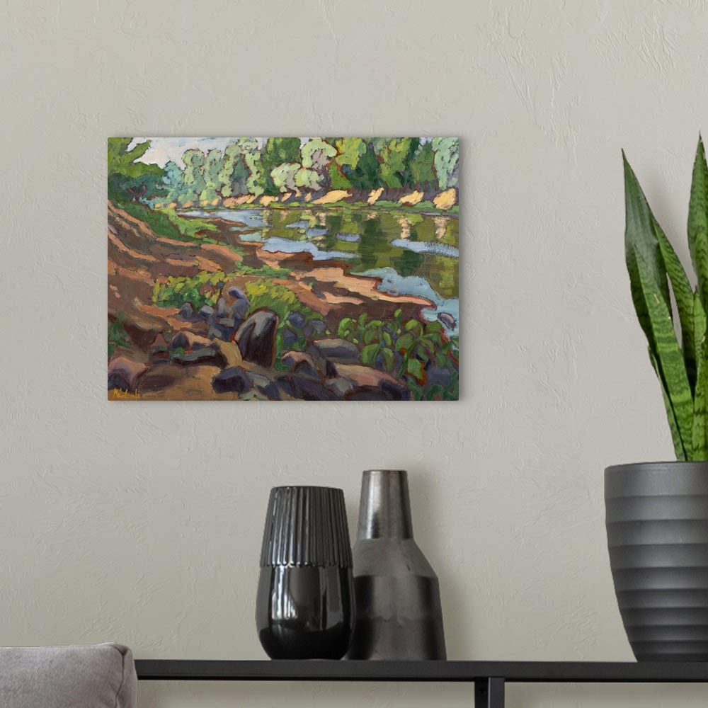 A modern room featuring On the Shady Side of River Koros. oil on board