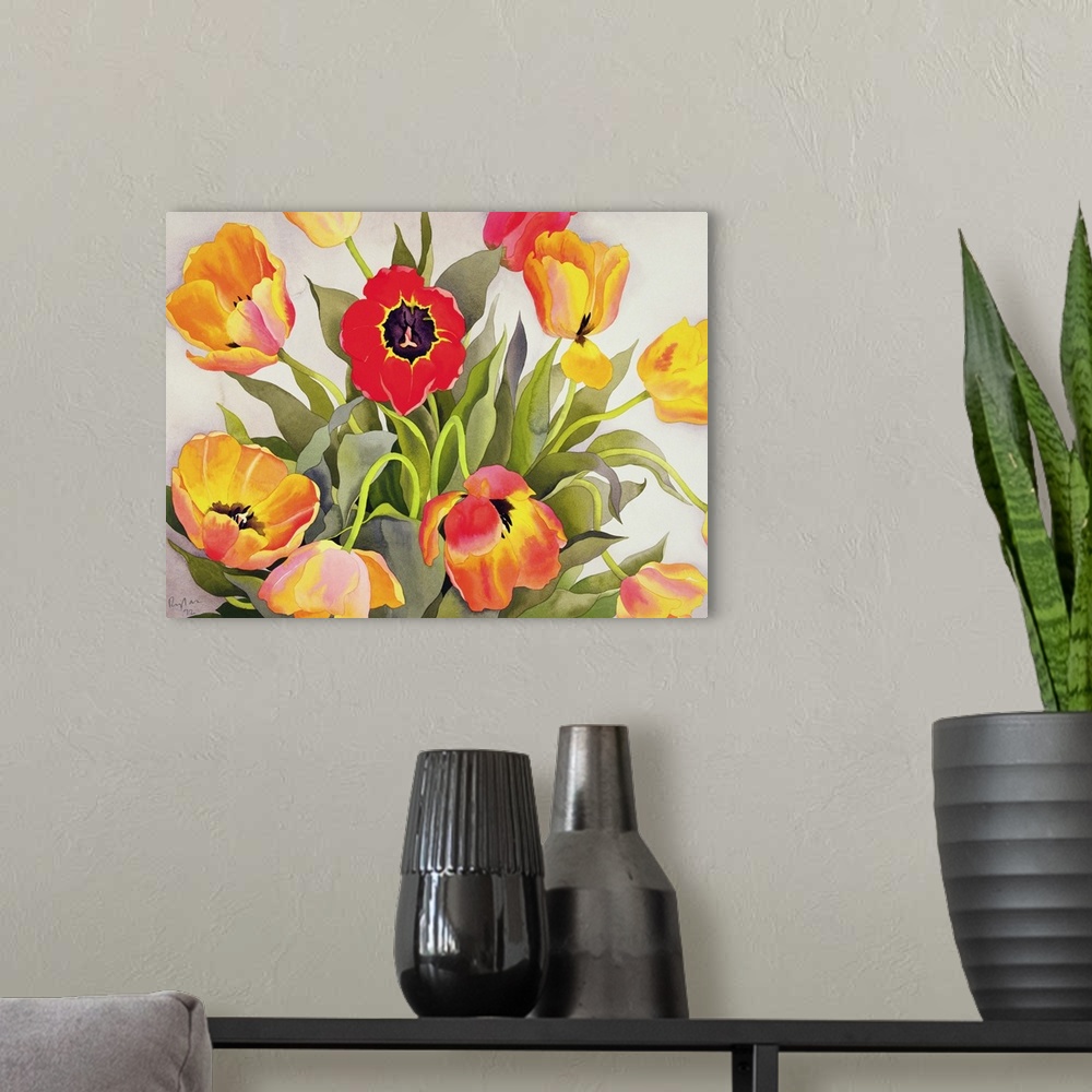 A modern room featuring Orange and Red Tulips