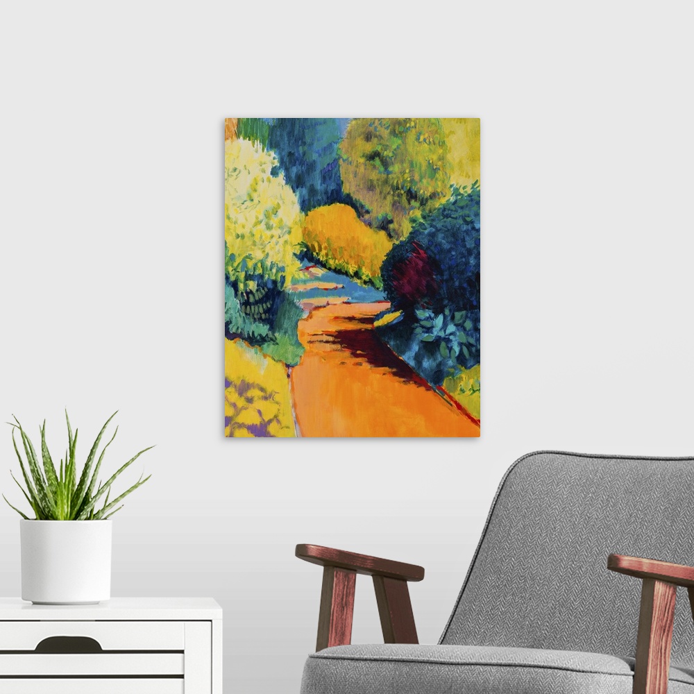 A modern room featuring Contemporary painting of a path leading into a park filled with colorful shrubbery.