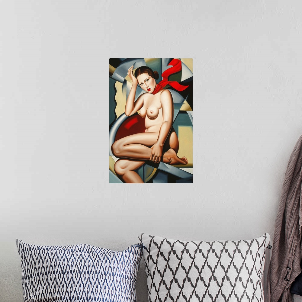 A bohemian room featuring Contemporary painting of a nude woman with a brightly colored scarf.