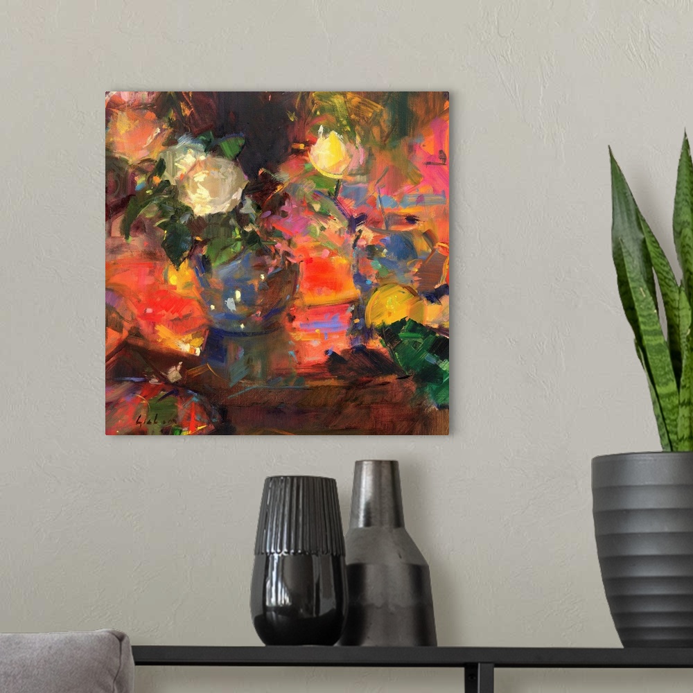 A modern room featuring Oranges and Roses, originally oil on canvas.