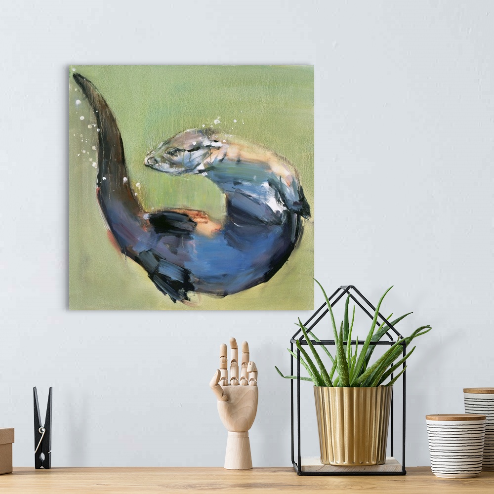 A bohemian room featuring Contemporary wildlife painting of a river otter swimming.