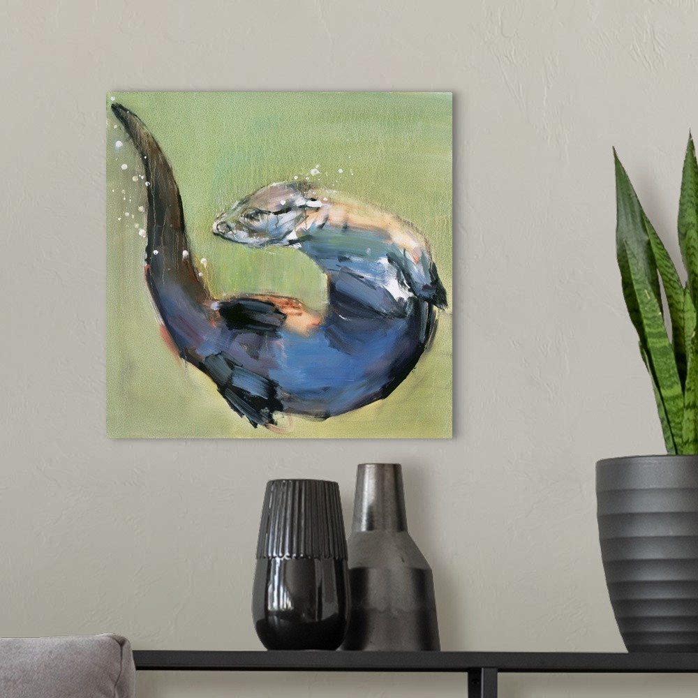 A modern room featuring Contemporary wildlife painting of a river otter swimming.