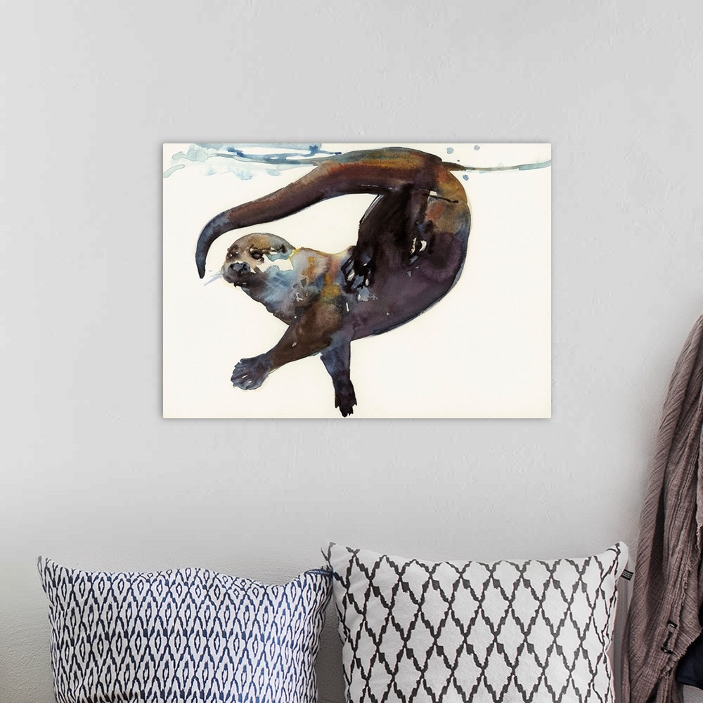 A bohemian room featuring Watercolor painting of a river otter playing underwater, near the surface.