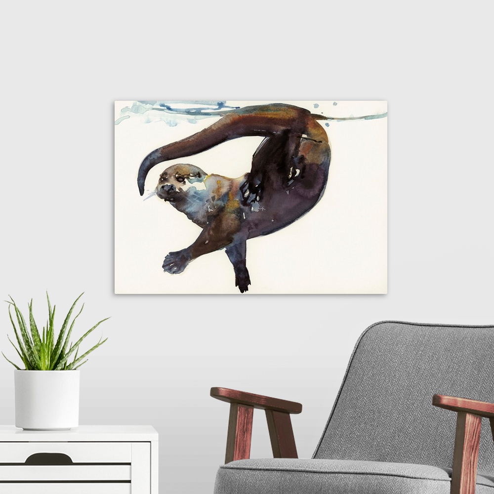 A modern room featuring Watercolor painting of a river otter playing underwater, near the surface.