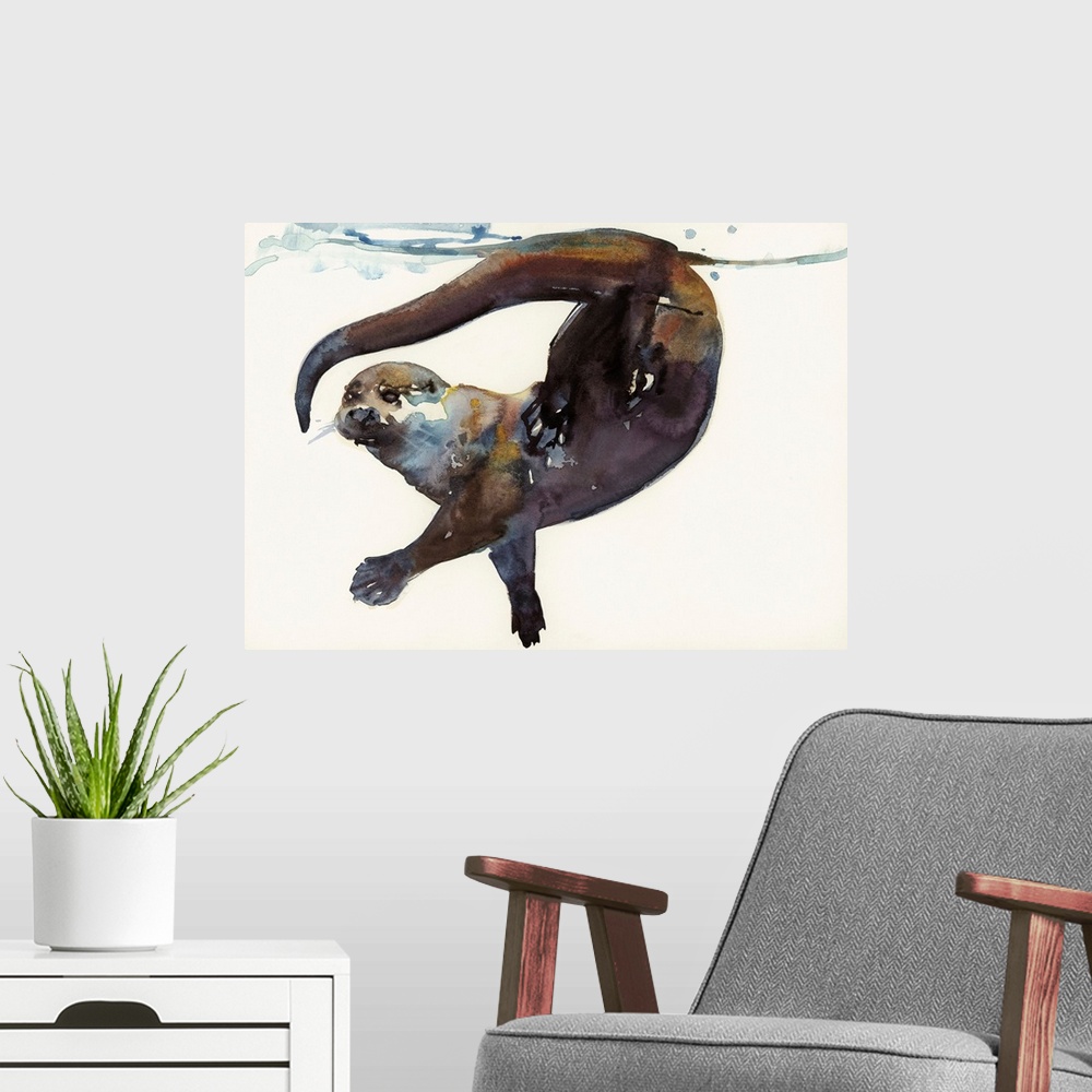 A modern room featuring Watercolor painting of a river otter playing underwater, near the surface.