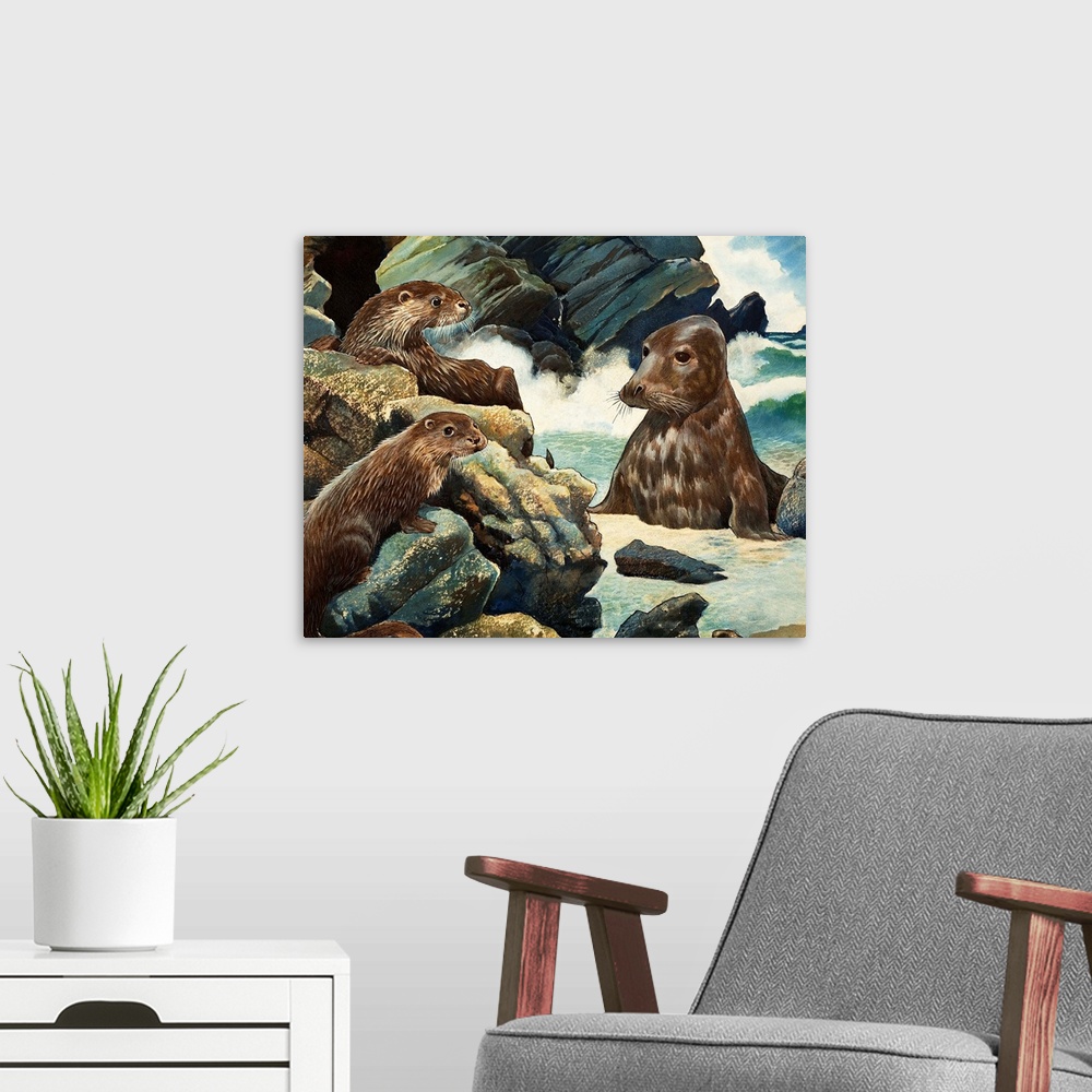 A modern room featuring Otters and Walrus. Original artwork.