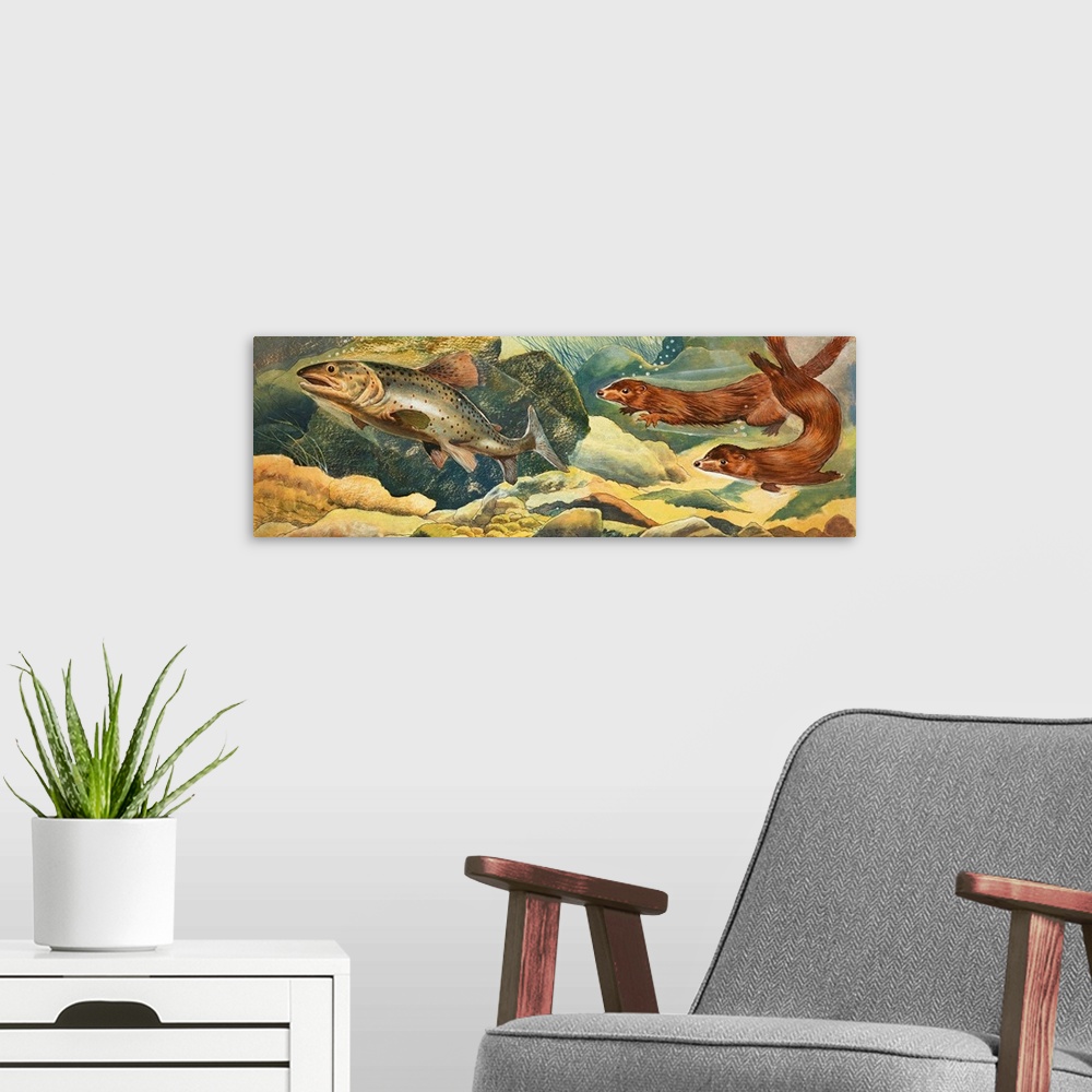 A modern room featuring Otters chasing fish.