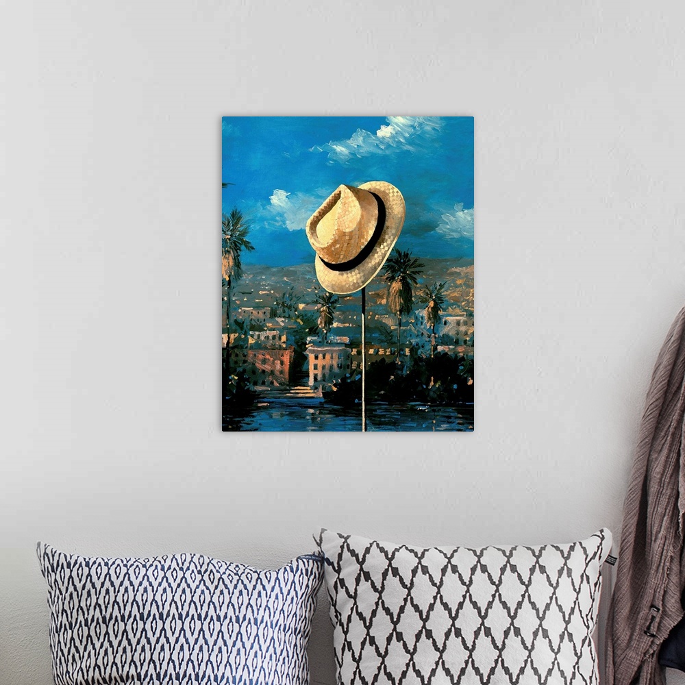 A bohemian room featuring Contemporary artwork of a hat hanging on a pole, with the a cityscape in the background.